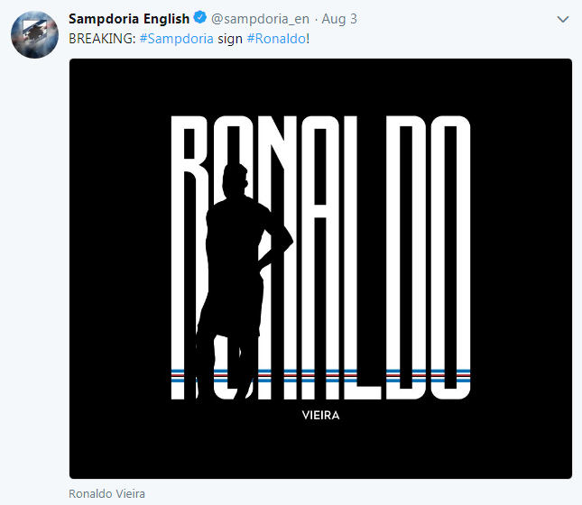 تویتەکەی سامپدۆریا لە کاتی راگەیاندنی گواستنەوەی رۆناڵدۆ ڤیێرا